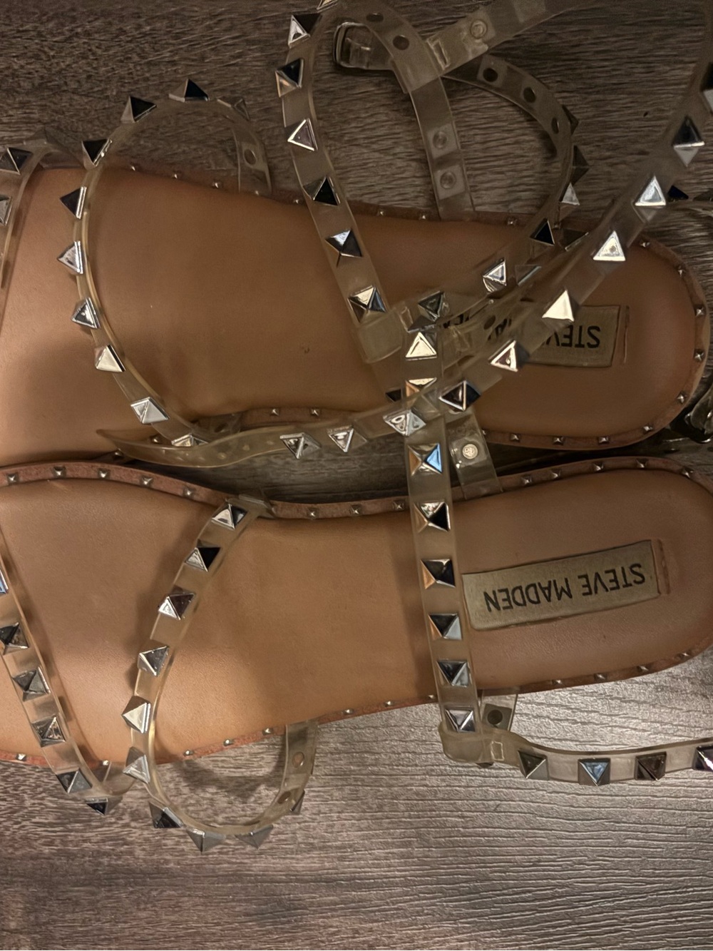 Steve Madden Clear Strap Sandals with Tan Footbed and Silver Studs